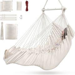 NEW SALE | Hammock Chair Hanging Swing 2 Seat Cushions Included,Strong Webbing Straps and Hooks for Easy Hanging Soft Cotton Weave Hanging Chair Side Pocket Large Tassel Chair Set Comfort Indoor Outdoor