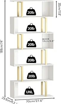 Geometric Bookcase, S Shaped Bookshelf 6-Tier Book Shelves for Bedroom, Modern Wood Decorative Display Shelf Tall Book Case for Home Office, Gold and White