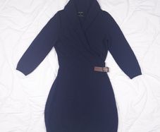 Massimo Dutti Navy Blue Shawl Collar Belted Sweater Knit Wool Cashmere Dress Size M
