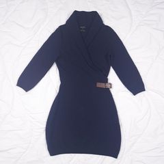 Massimo Dutti Navy Blue Shawl Collar Belted Sweater Knit Wool Cashmere Dress Size M