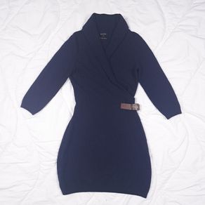 Massimo Dutti Navy Blue Shawl Collar Belted Sweater Knit Wool Cashmere Dress Size M