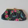 Vintage 1960s black purse with floral pattern pink green lipstick make up brass clasp retro Image 2