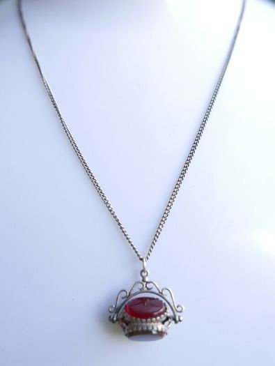 Victorian Sterling Silver 925 Triple Spinning Fob Pendant with  Chain (Onyx Agate Carnelian Spinning Fob) length 19" - 5g