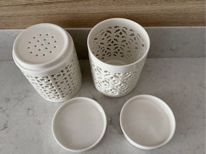 2x white ceramic orchid planters with saucers