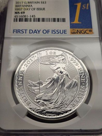Great Britain 2017 Silver 1oz 2 Pounds Britannia NGC MS69 First Day of Issue