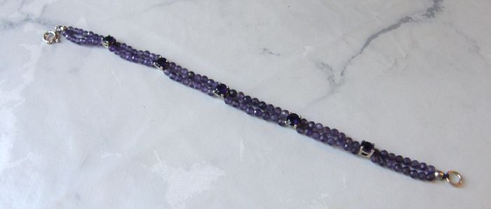 Double Strand Faceted Amethyst Bead Bracelet, 925 Silver Clasp, 7in/18cm