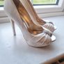 Ivory satin peetoe high heel shoes by Dune London with a pleated bow trim accented with rhinestones Image 3