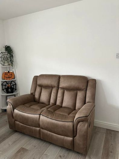 Luxury Tan & Grey Suede Recliner Sofa Set
