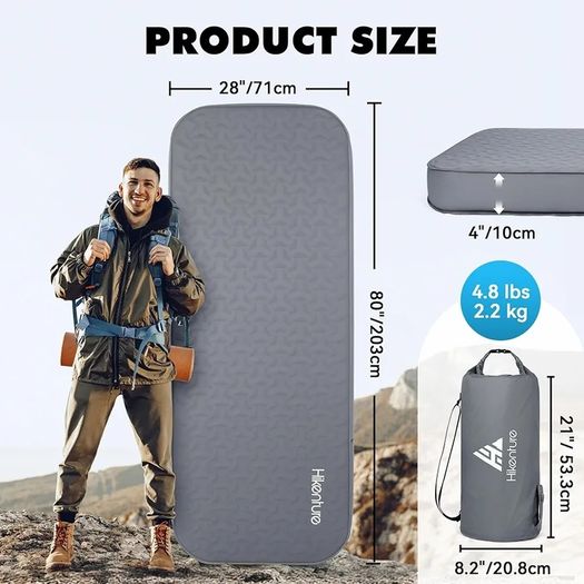 Self-Inflating Sleeping Pad, 4" Thick Camping Mattress with 9.5 R-Value, All Season Portable Foam Mat for Camping, Hiking, Tent & Car - Slate Grey, Single (203x71x10cm)
