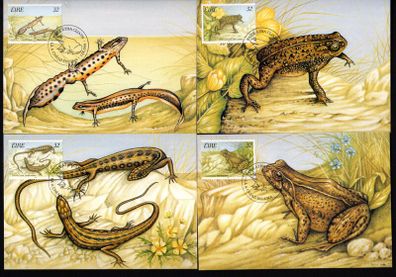 1995 Ireland Fauna & Flora: Reptiles and Amphibians Se-tenant Stamps Maximum Cards First Day of Issue Cancel with matching stamp.