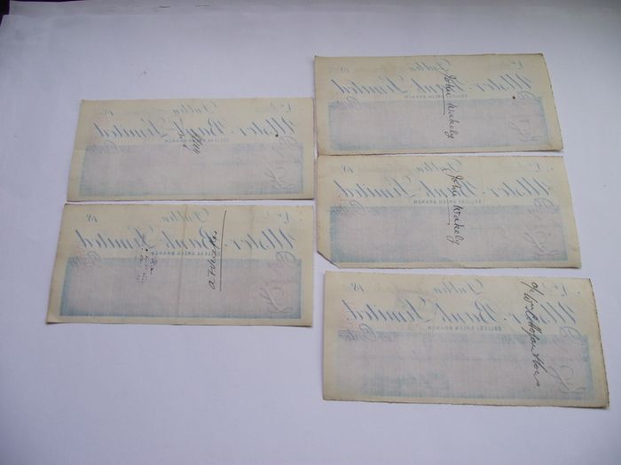 5 Vintage Cheques from Ulster Bank with Consecutive numbers (1892)