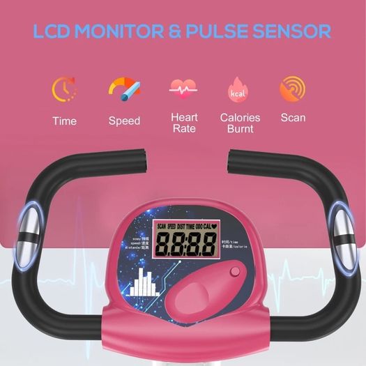 Exercise Bike Fitness Bicycle Indoor trainer Foldable 8-level Magnetic Resistance Adjustable w/LCD Monitor Pulse Sensor, Pink