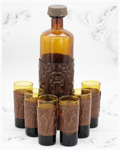 Vintage Amber Glass Decanter Glasses Set