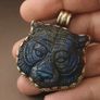 Labradorite Tiger Face Carved Stone Vintage Brass Pendant Image 7