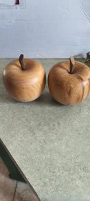 Set of 2 Large  Hand Carved Solid Wood Apple Vintage Wooden Sculpture