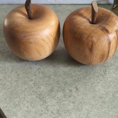 Set of 2 Large  Hand Carved Solid Wood Apple Vintage Wooden Sculpture