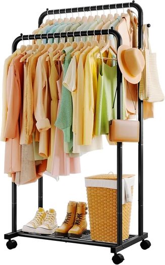 Clothes Rail - Double-Rod Rustproof Clothes Rack with Anti-Slip Stoppers, Shoes Shelf and Hooks, Multifunctional Hanging Rack for Laundry, Entryway, Bedroom, Shop, 73 x 42 x 150 cm, Black