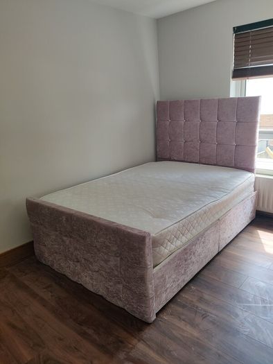pink plush velvet double bed with mattress