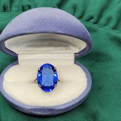 Antique Vintage British Silver Ring Large Cobalt Blue Stone Birmingham Hallmark R&W