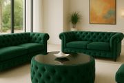 Velvet Button-Tufted Round Coffee Table with Tinted Glass Top Diameter: 80 cm