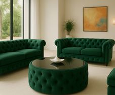 Velvet Button-Tufted Round Coffee Table with Tinted Glass Top Diameter: 80 cm