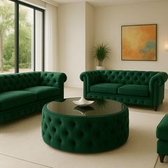 Velvet Button-Tufted Round Coffee Table with Tinted Glass Top Diameter: 80 cm