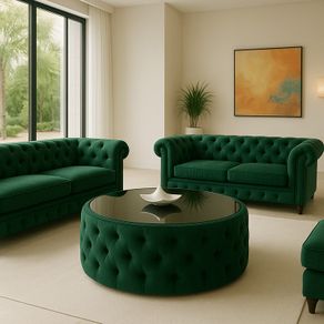 Velvet Button-Tufted Round Coffee Table with Tinted Glass Top Diameter: 80 cm