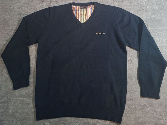 Paul Smith London Men's V-Neck Sweater XXL Navy Blue Merino Wool Cashmere Stripe