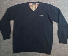 Paul Smith London Men's V-Neck Sweater XXL Navy Blue Merino Wool Cashmere Stripe