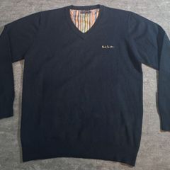 Paul Smith London Men's V-Neck Sweater XXL Navy Blue Merino Wool Cashmere Stripe