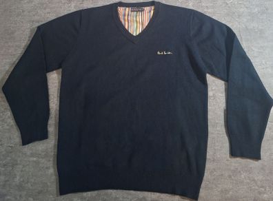 Paul Smith London Men's V-Neck Sweater XXL Navy Blue Merino Wool Cashmere Stripe