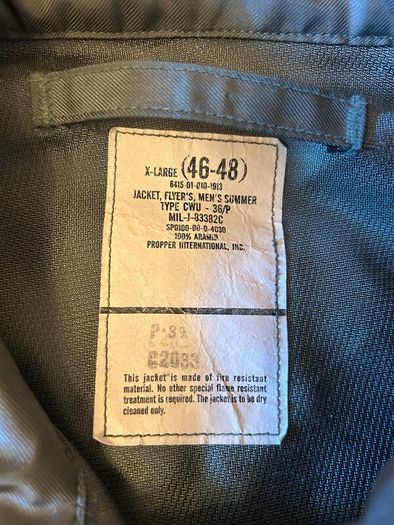 USAF Military CWU-36/P Flyers Summer Flight Jacket Sage Green