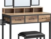 Dressing table set with folding mirror Oak Brown stool  Table with Triple Mirror, 3 Drawers, Hair Dryer Holder, Cosmetic Table, Industrial Style