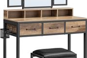 Dressing table set with folding mirror Oak Brown stool  Table with Triple Mirror, 3 Drawers, Hair Dryer Holder, Cosmetic Table, Industrial Style
