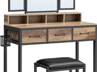 main image for ad Dressing table set with folding mirror Oak Brown stool  Table with Triple Mirror, 3 Drawers, Hair Dryer Holder, Cosmetic Table, Industrial Style
