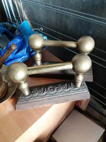 Antique Brass Fender and two Dog Irons
