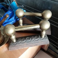 Antique Brass Fender and two Dog Irons