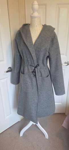 Grey Hooded Wool Look Midi Coat Jacket Oversized Minimalist Winter UK 12