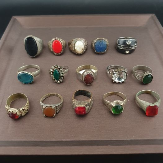 15 Antique Style Brass Rings Mixed Glass & Stone Ring Collection