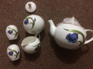 Tea Pot , sugar, milk jug and salt & pepper set.