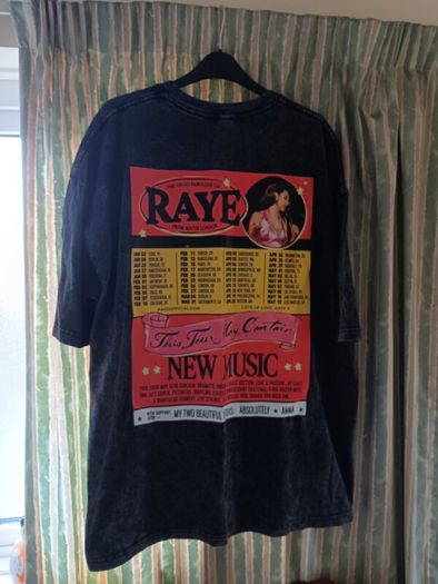 Distressed Grey RAYE This Tour May Contain New Music Double Sided T Shirt. XXL - Width: 65cm, Length: 75cm.