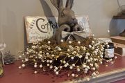 Hare in wooden etagere with metal sign  felt eggs etc