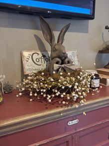 Hare in wooden etagere with metal sign  felt eggs etc