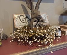 Hare in wooden etagere with metal sign  felt eggs etc