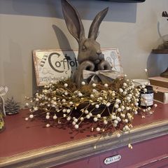 Hare in wooden etagere with metal sign  felt eggs etc