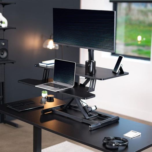 91cm Electric Motor Desk Converter Height Adjustable Riser Sit to Stand Dual Monitor and Laptop Workstation with Wide Keyboard Tray Black DESK-VE36B