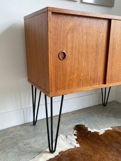 Vintage Mid Century Teak Sliding Door Storage/Vinyl Cabinet