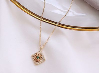 Emerald Stone Delicate Crystal Gold Tone Necklace