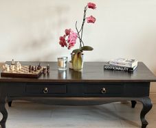 Hand-Restored Two Tone Satin Black Solid Wood Coffee Table