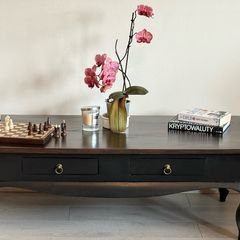 Hand-Restored Two Tone Satin Black Solid Wood Coffee Table